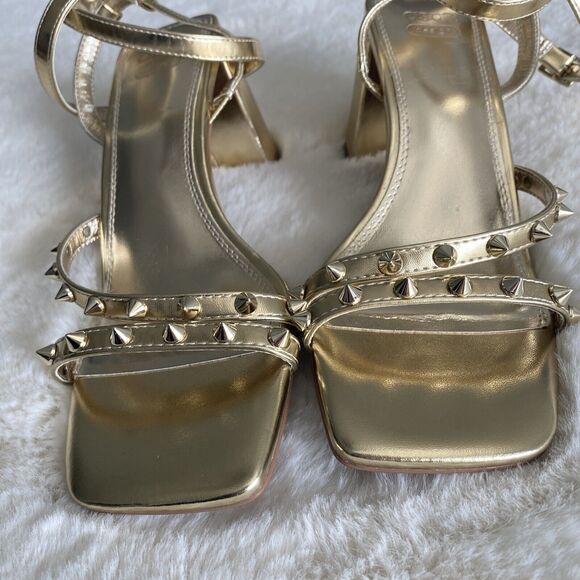 New Asos Hampstead Women's 8 Gold Studded Sexy Strappy Mid Block Heel Sandals - Picture 4 of 8